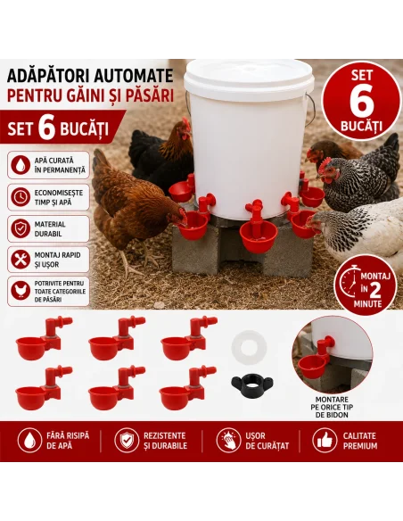 Set 6 adăpători automate găini cu piuliță – sistem fără risipă apă