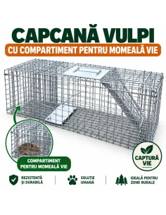 Capcană pentru vulpi cu compartiment pentru momeală vie