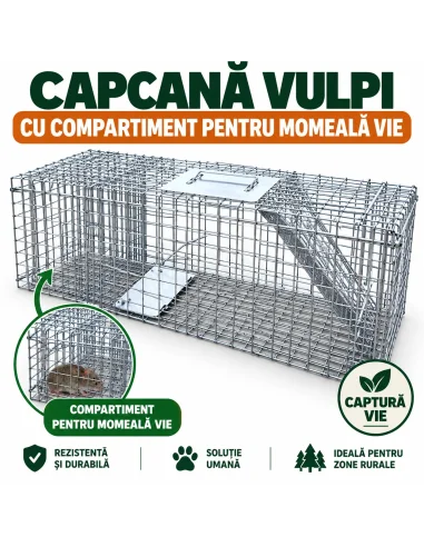 Capcană pentru vulpi cu compartiment pentru momeală vie
