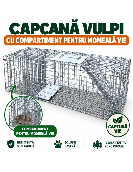 Capcană pentru vulpi cu compartiment pentru momeală vie